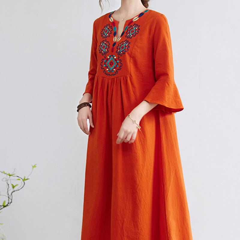 Casual Embroidered Flower Pattern V-neck Three Quarter Sleeve Design Cotton Linen Midi Dress