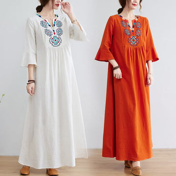 Casual Embroidered Flower Pattern V-neck Three Quarter Sleeve Design Cotton Linen Midi Dress