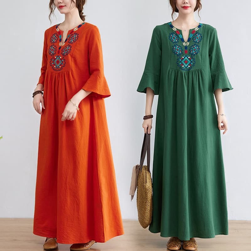 Casual Embroidered Flower Pattern V-neck Three Quarter Sleeve Design Cotton Linen Midi Dress