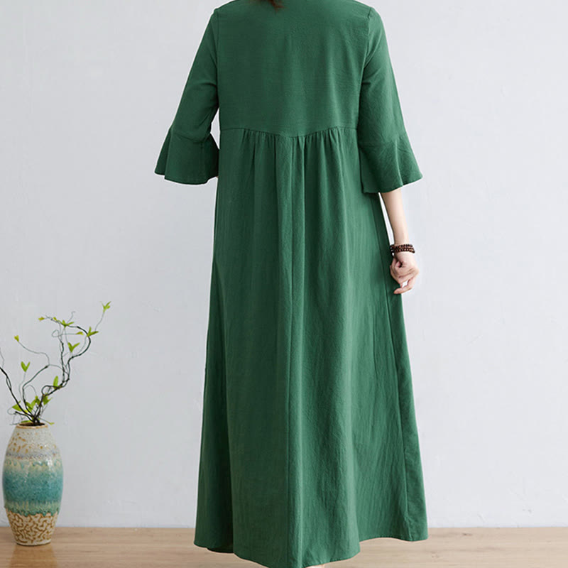 Casual Embroidered Flower Pattern V-neck Three Quarter Sleeve Design Cotton Linen Midi Dress