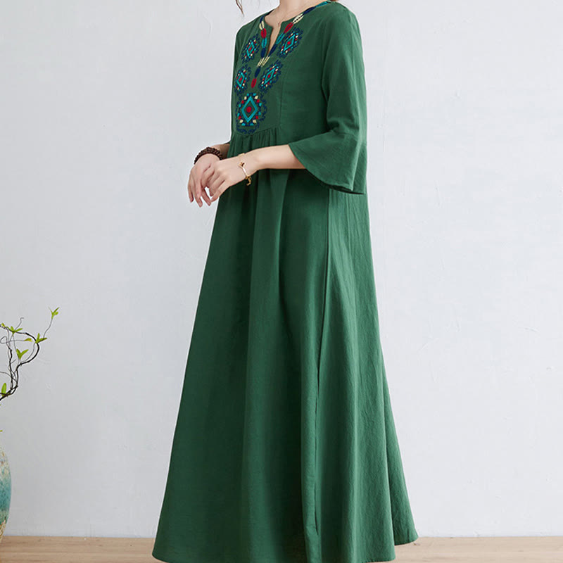 Casual Embroidered Flower Pattern V-neck Three Quarter Sleeve Design Cotton Linen Midi Dress