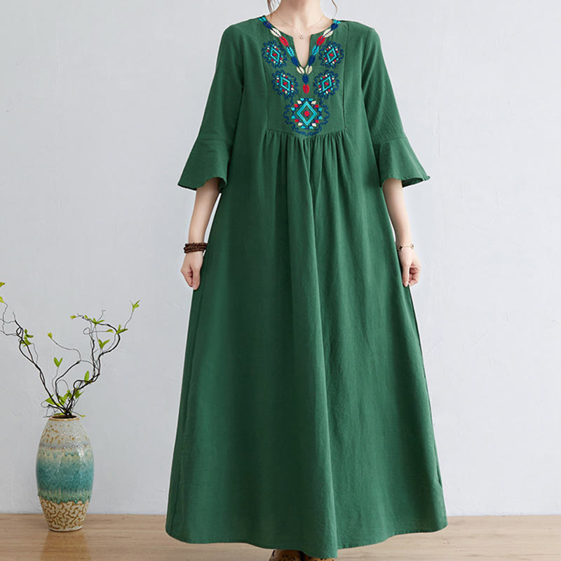 Casual Embroidered Flower Pattern V-neck Three Quarter Sleeve Design Cotton Linen Midi Dress