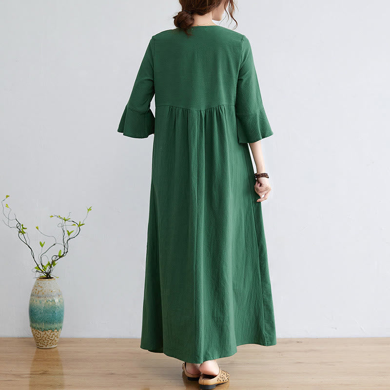 Casual Embroidered Flower Pattern V-neck Three Quarter Sleeve Design Cotton Linen Midi Dress