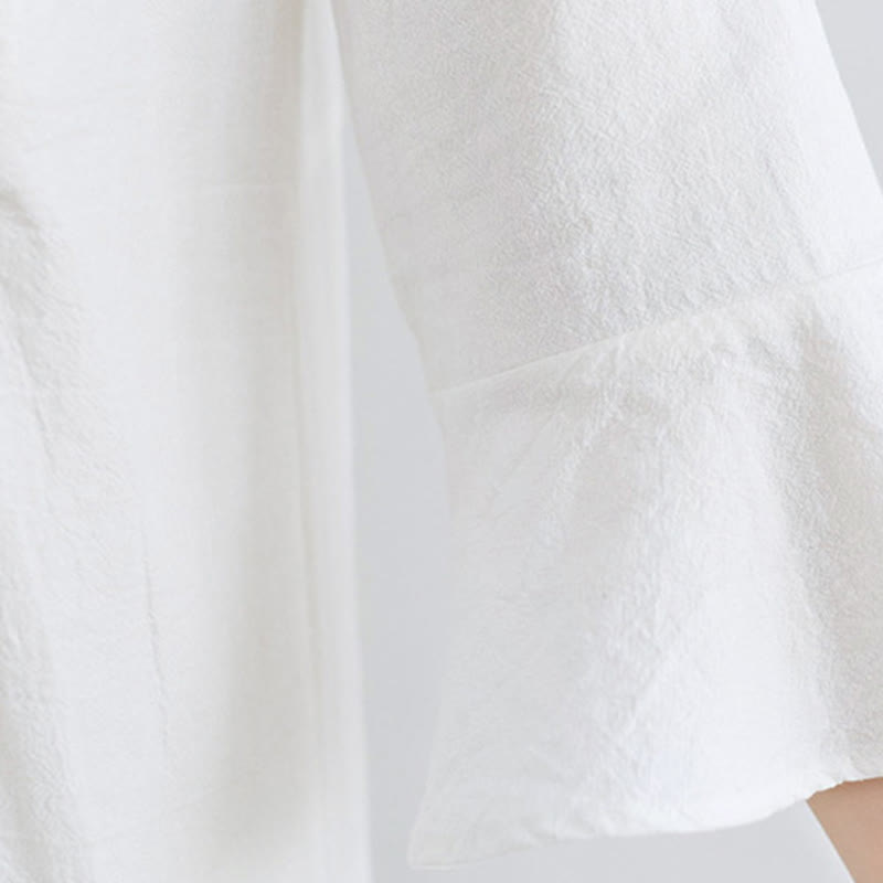 Casual Embroidered Flower Pattern V-neck Three Quarter Sleeve Design Cotton Linen Midi Dress