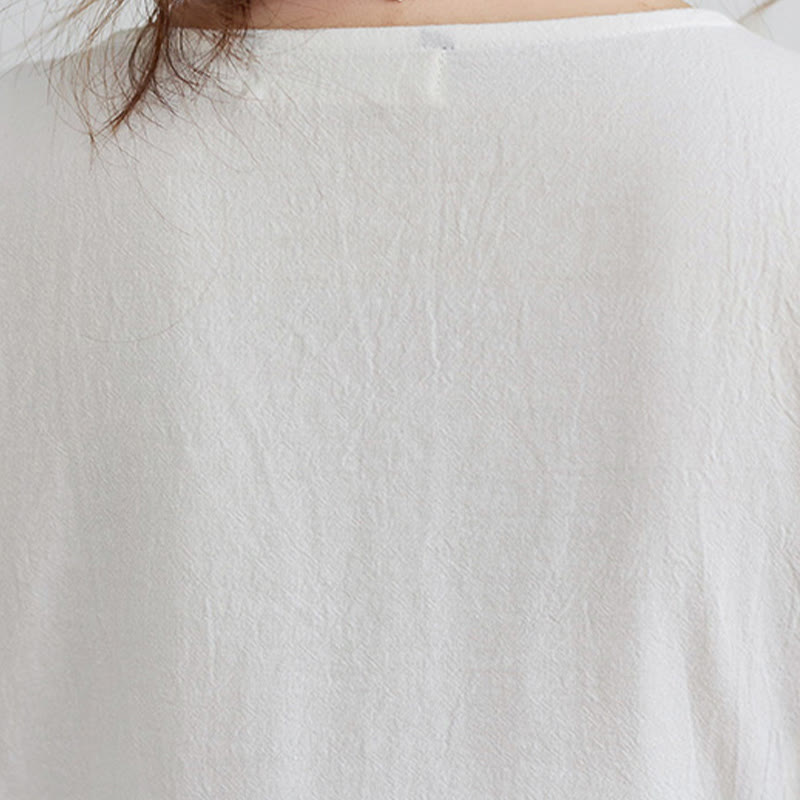 Casual Embroidered Flower Pattern V-neck Three Quarter Sleeve Design Cotton Linen Midi Dress