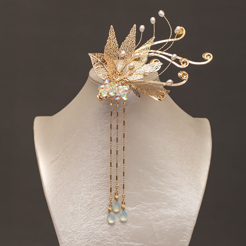 Traditional Chinese Golden Leaf Flower Tassel Hair Clip