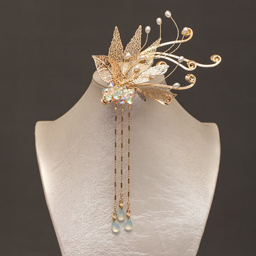 Traditional Chinese Golden Leaf Flower Tassel Hair Clip