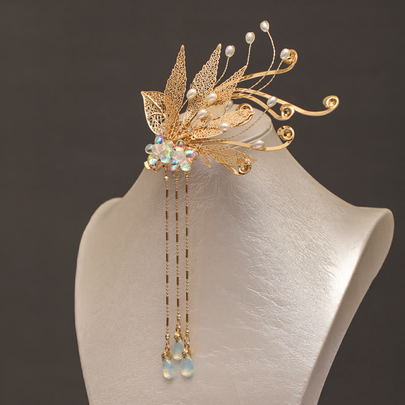 Traditional Chinese Golden Leaf Flower Tassel Hair Clip