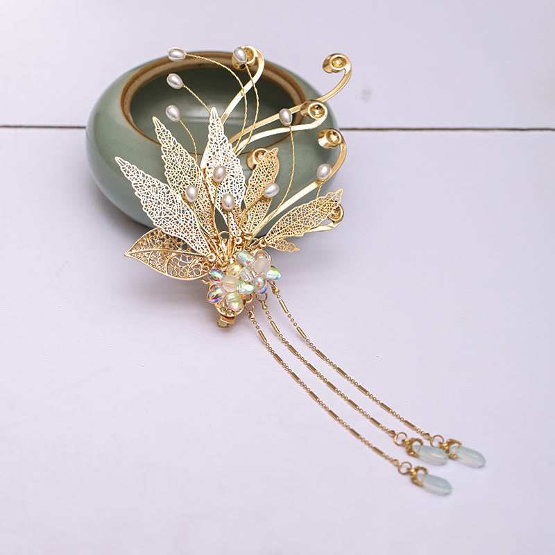 Traditional Chinese Golden Leaf Flower Tassel Hair Clip