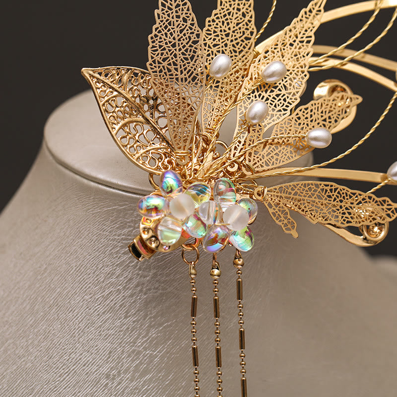 Traditional Chinese Golden Leaf Flower Tassel Hair Clip