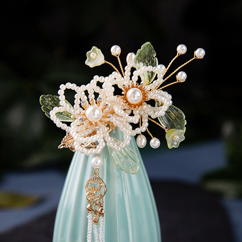 Retro Flower and Leaf Pearl Tassel Hair Clip