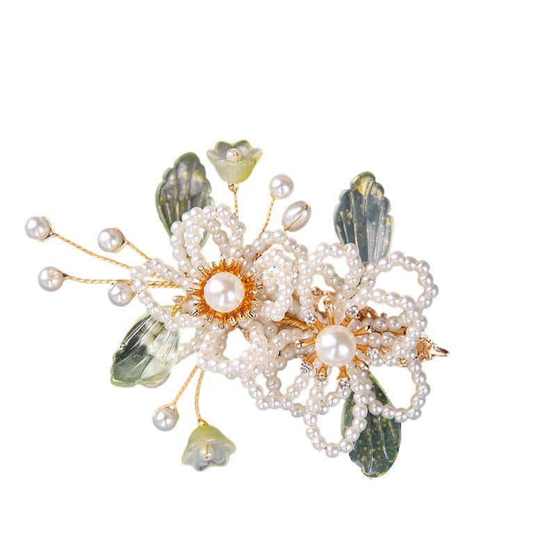 Retro Flower and Leaf Pearl Tassel Hair Clip