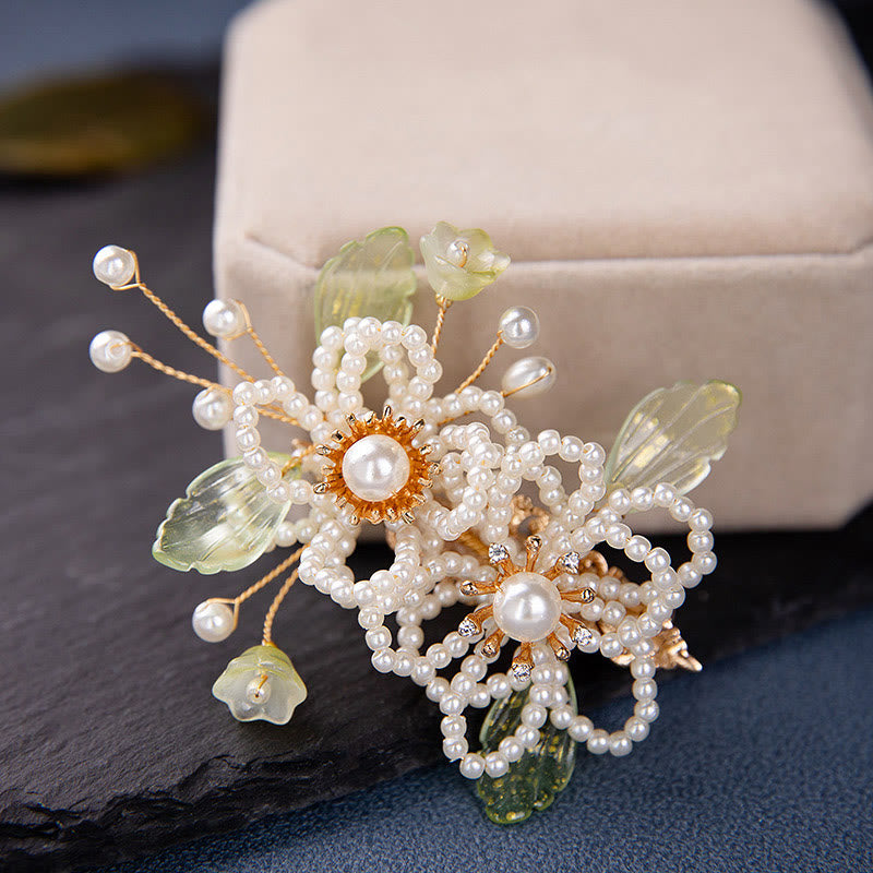 Retro Flower and Leaf Pearl Tassel Hair Clip