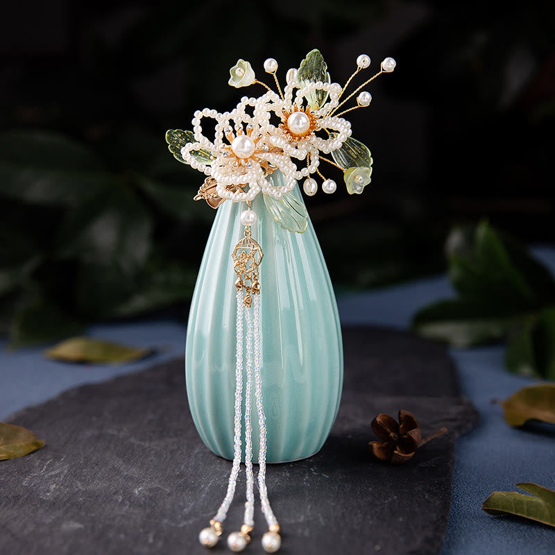 Retro Flower and Leaf Pearl Tassel Hair Clip
