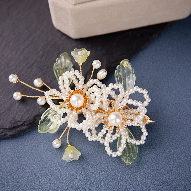 Retro Flower and Leaf Pearl Tassel Hair Clip