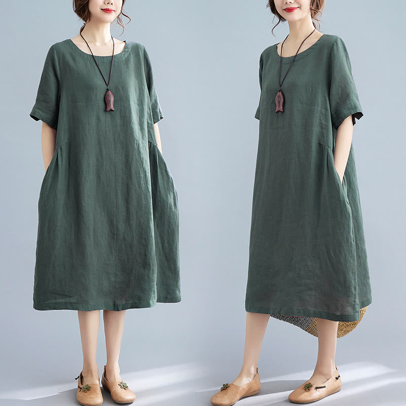 Casual Loose Solid Color Cotton Linen Crew Neck Half Sleeve Design Midi Dress With Pockets