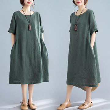 Casual Loose Solid Color Cotton Linen Crew Neck Half Sleeve Design Midi Dress With Pockets