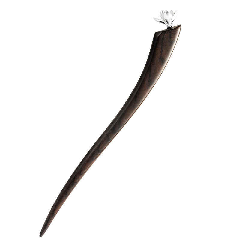 Classical Ebony Wood and 925 Sterling Silver Magnolia Flower Hairpin