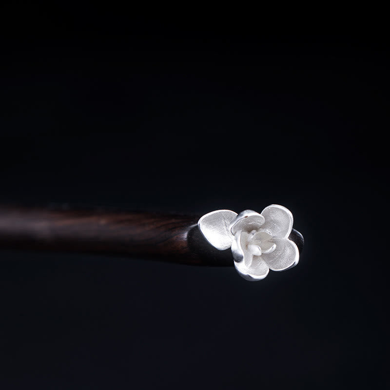 Classical Ebony Wood and 925 Sterling Silver Magnolia Flower Hairpin