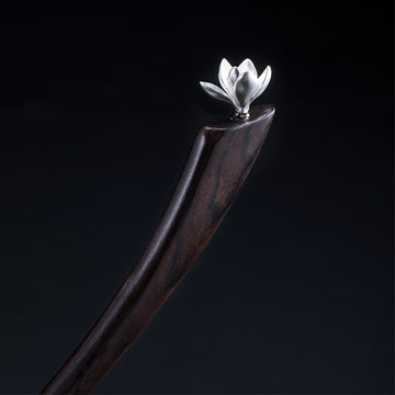 Classical Ebony Wood and 925 Sterling Silver Magnolia Flower Hairpin