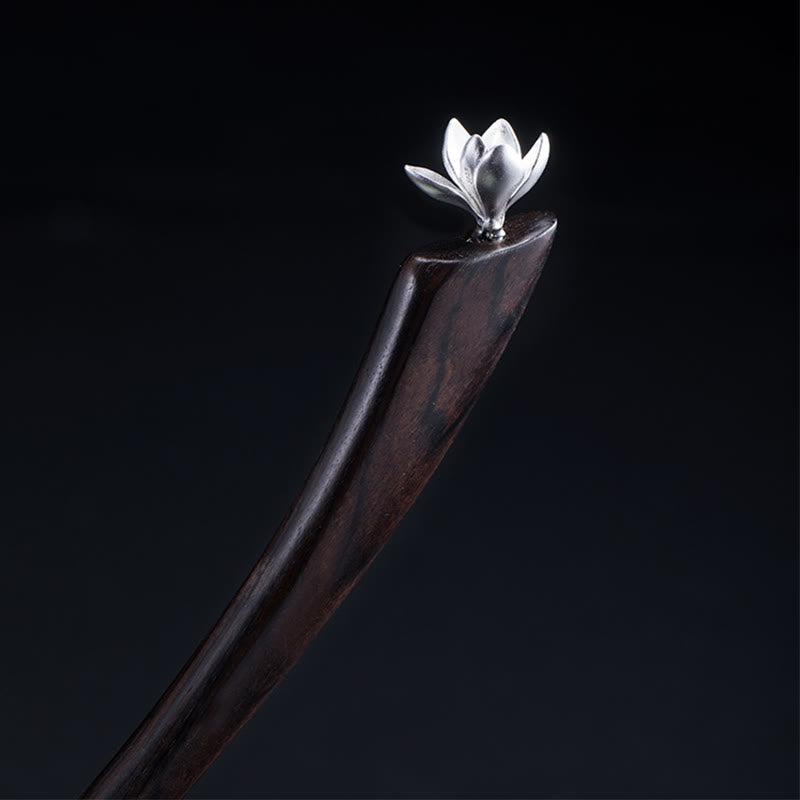 Classical Ebony Wood and 925 Sterling Silver Magnolia Flower Hairpin