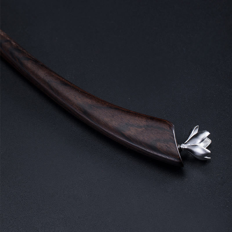 Classical Ebony Wood and 925 Sterling Silver Magnolia Flower Hairpin