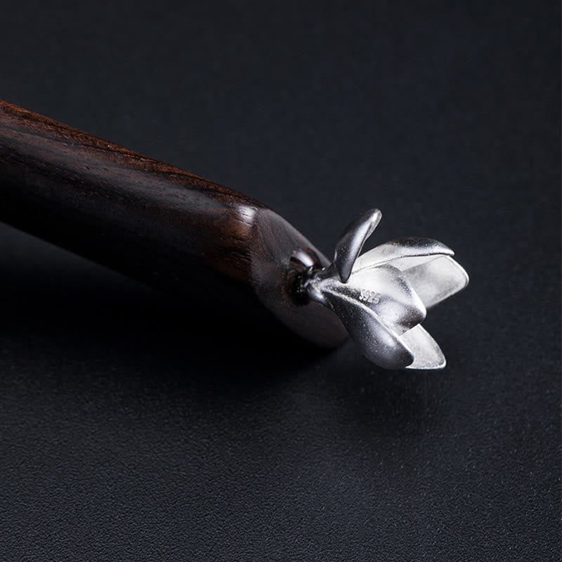 Classical Ebony Wood and 925 Sterling Silver Magnolia Flower Hairpin