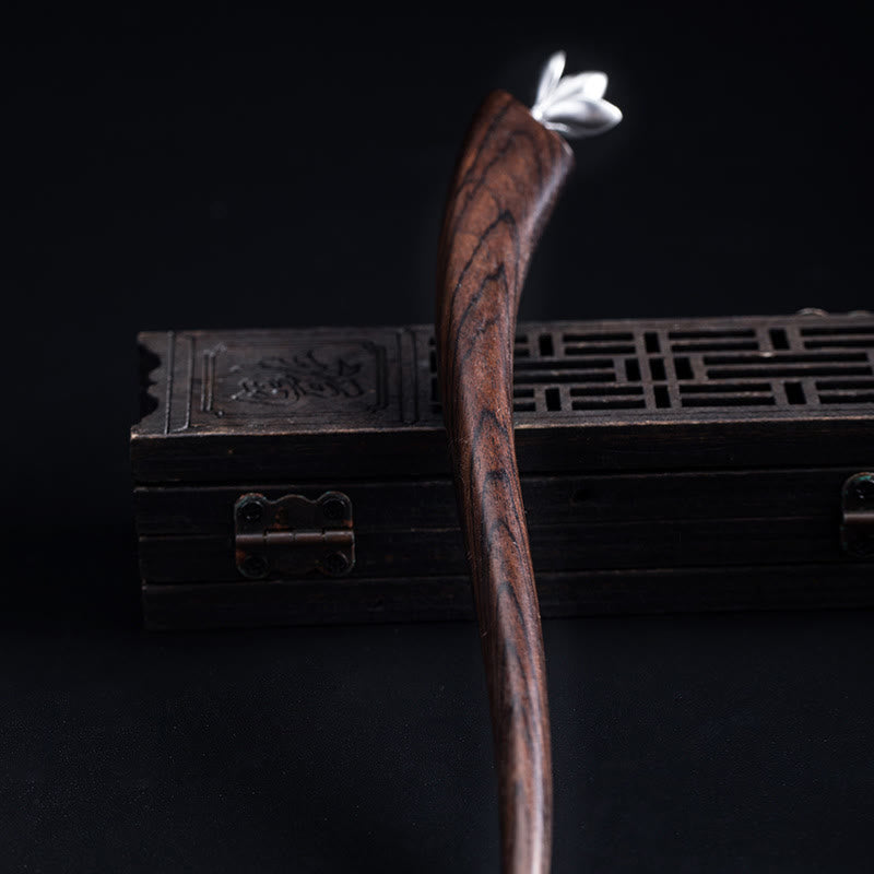 Classical Ebony Wood and 925 Sterling Silver Magnolia Flower Hairpin