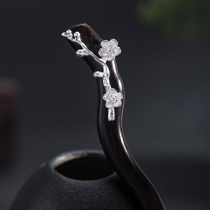 925 Sterling Silver Classical Chinese Style Ebony Plum Blossom Blessing Hairpin
