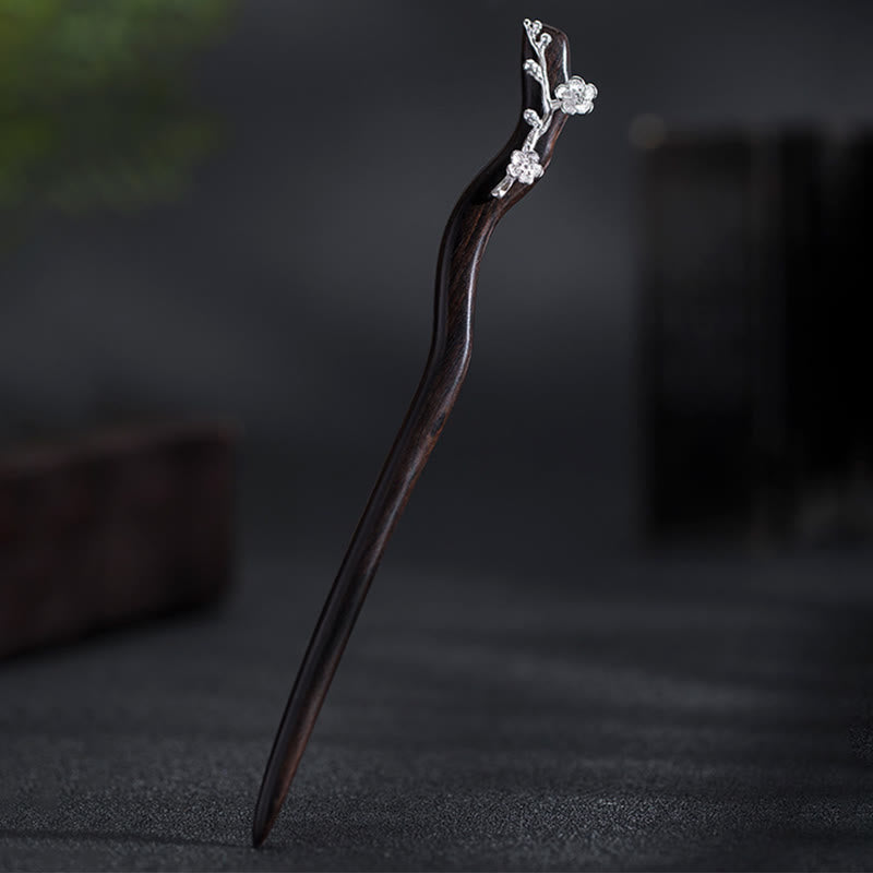 925 Sterling Silver Classical Chinese Style Ebony Plum Blossom Blessing Hairpin