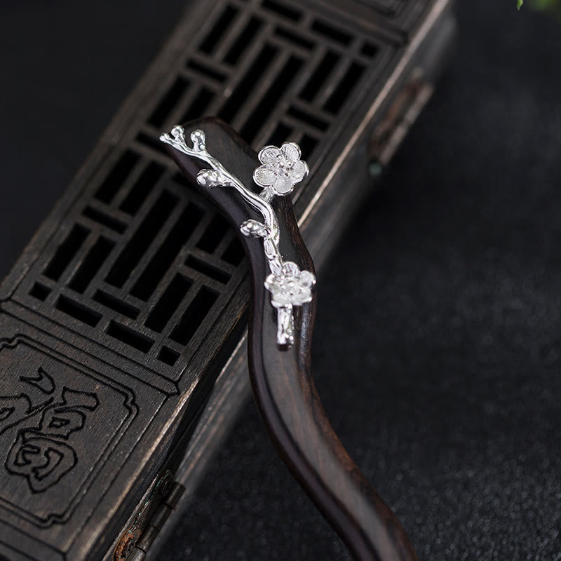925 Sterling Silver Classical Chinese Style Ebony Plum Blossom Blessing Hairpin