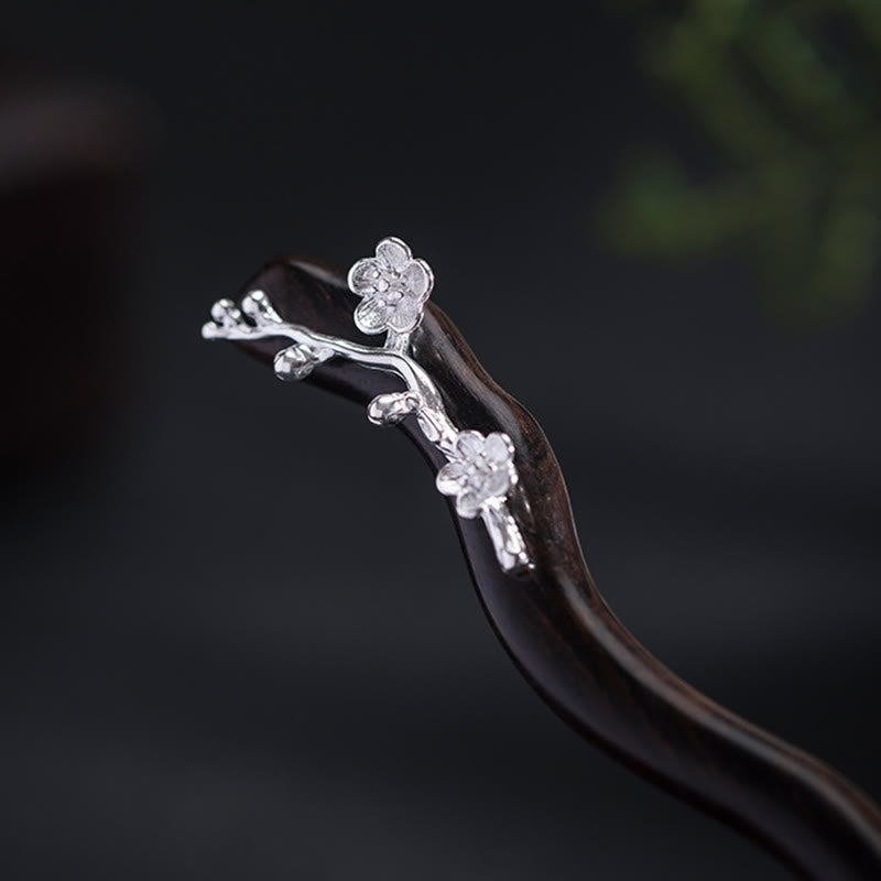 925 Sterling Silver Classical Chinese Style Ebony Plum Blossom Blessing Hairpin
