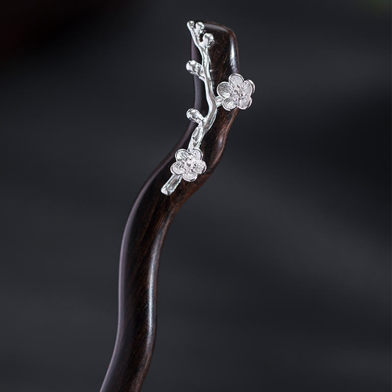 925 Sterling Silver Classical Chinese Style Ebony Plum Blossom Blessing Hairpin