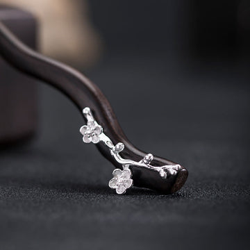 925 Sterling Silver Classical Chinese Style Ebony Plum Blossom Blessing Hairpin