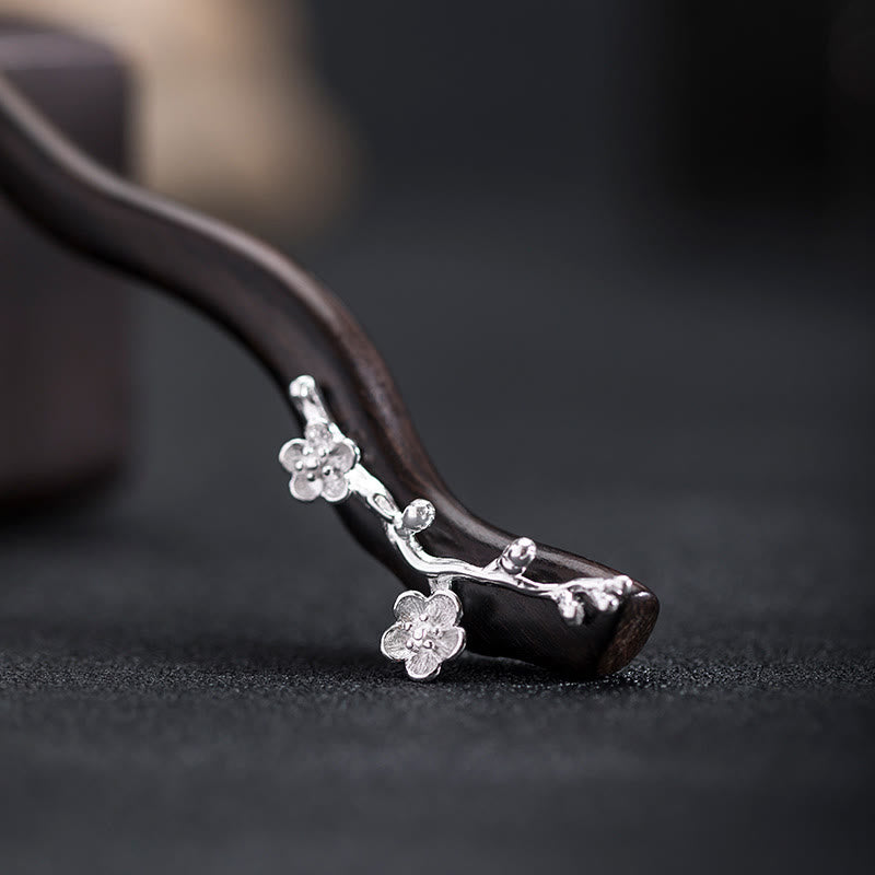 925 Sterling Silver Classical Chinese Style Ebony Plum Blossom Blessing Hairpin