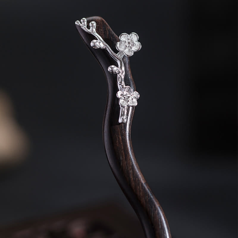 925 Sterling Silver Classical Chinese Style Ebony Plum Blossom Blessing Hairpin
