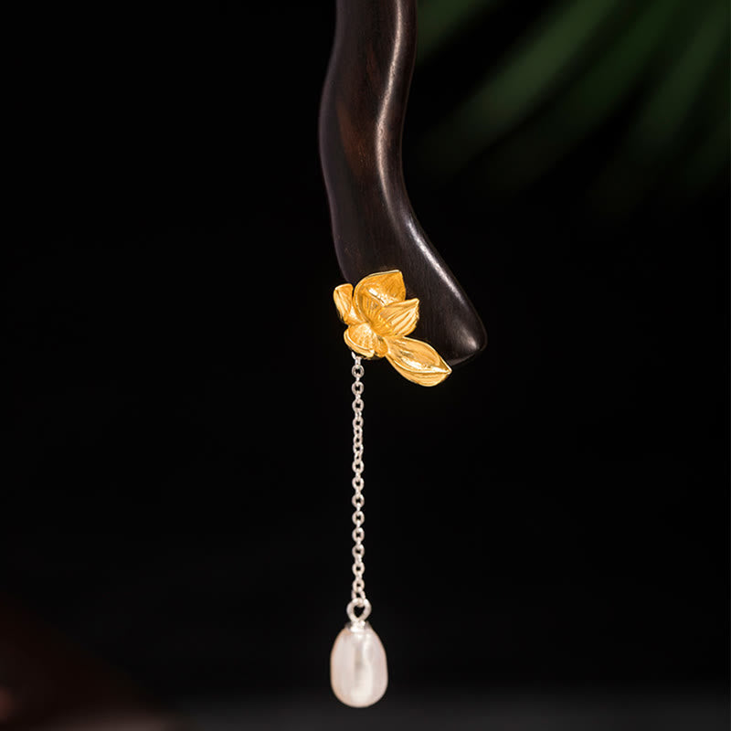 925 Sterling Silver Classical Chinese Style Ebony Lotus Flower Pearl Tassel Blessing Hairpin