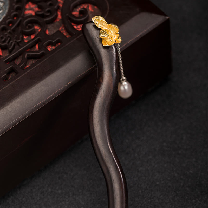 925 Sterling Silver Classical Chinese Style Ebony Lotus Flower Pearl Tassel Blessing Hairpin