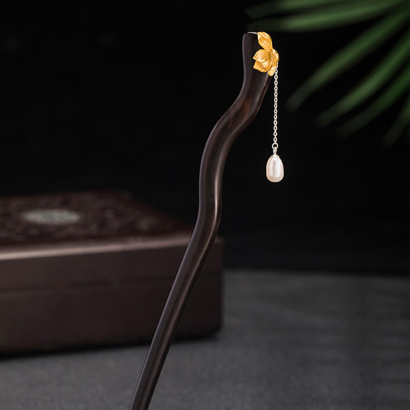 925 Sterling Silver Classical Chinese Style Ebony Lotus Flower Pearl Tassel Blessing Hairpin