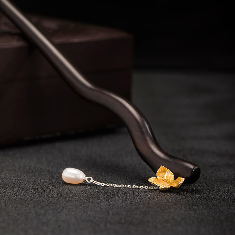 925 Sterling Silver Classical Chinese Style Ebony Lotus Flower Pearl Tassel Blessing Hairpin