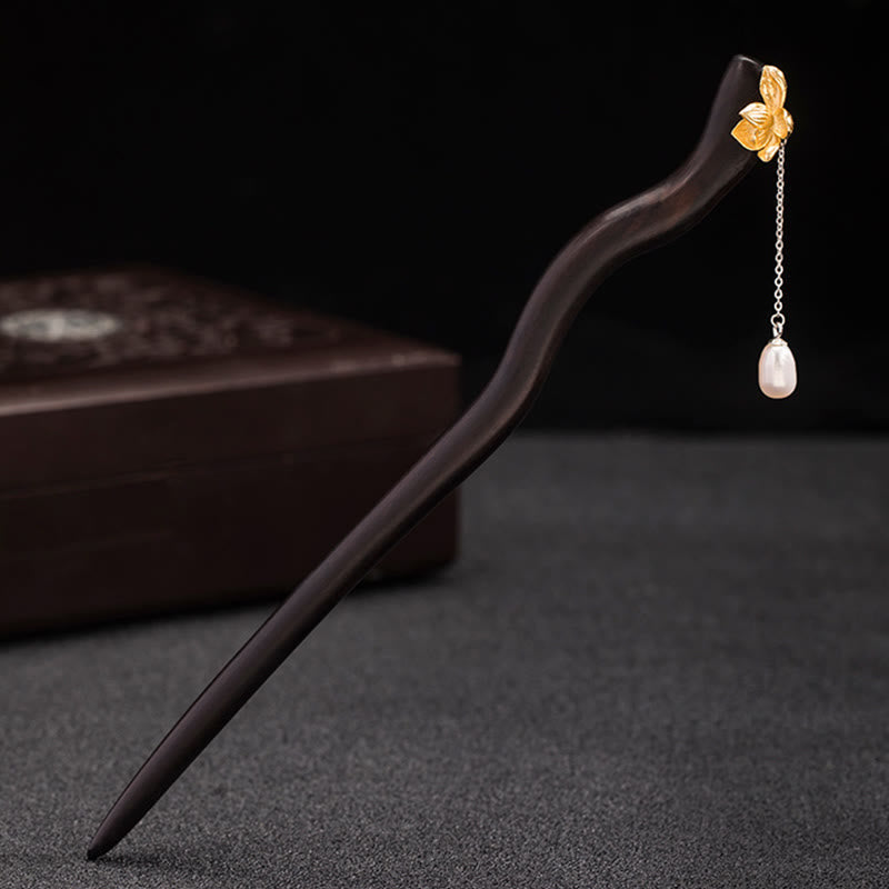 925 Sterling Silver Classical Chinese Style Ebony Lotus Flower Pearl Tassel Blessing Hairpin