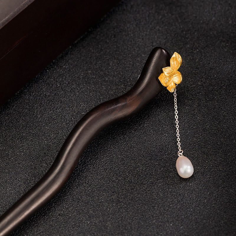 925 Sterling Silver Classical Chinese Style Ebony Lotus Flower Pearl Tassel Blessing Hairpin