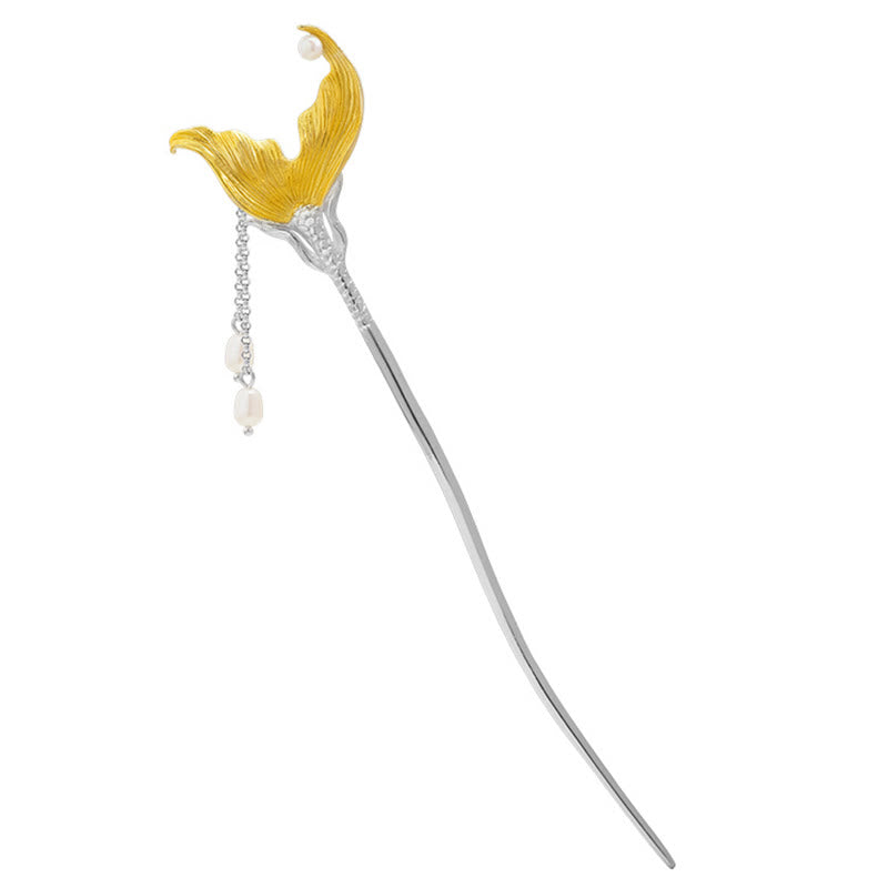 Classical 925 Sterling Silver Koi Fish Tail Tassel Pearl Hairpin