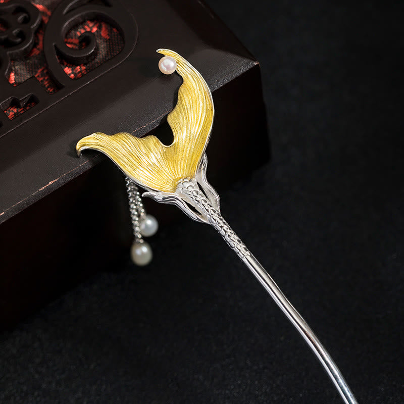 Classical 925 Sterling Silver Koi Fish Tail Tassel Pearl Hairpin