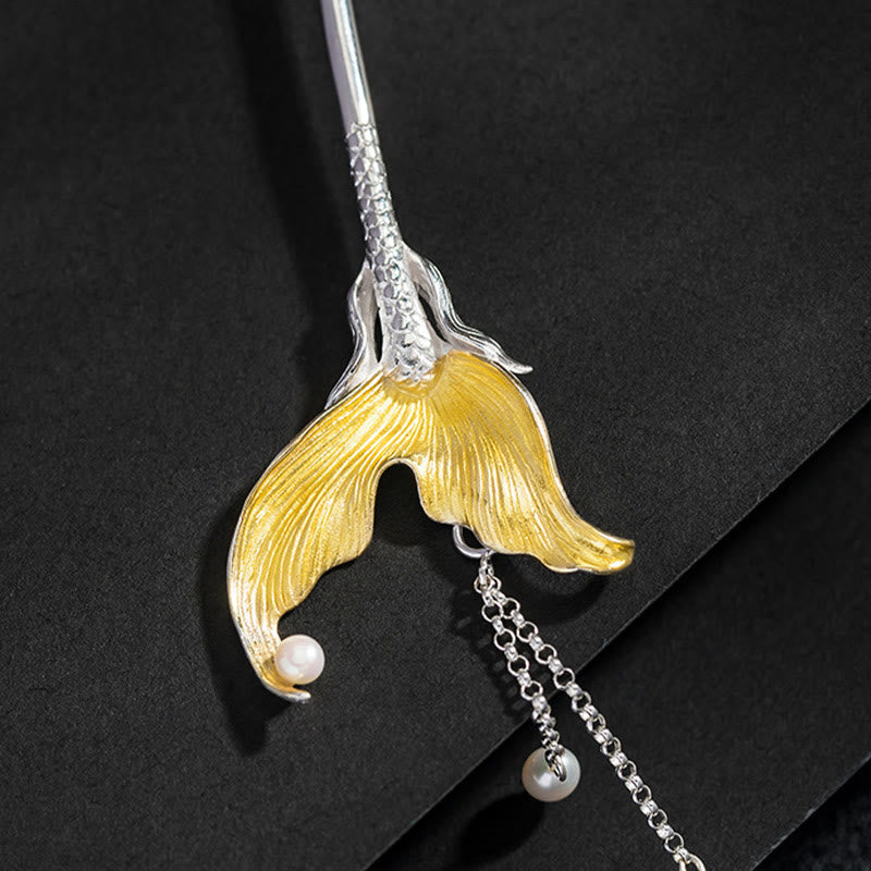 Classical 925 Sterling Silver Koi Fish Tail Tassel Pearl Hairpin