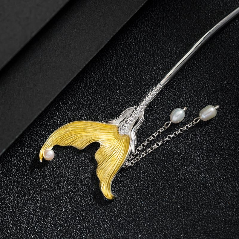 Classical 925 Sterling Silver Koi Fish Tail Tassel Pearl Hairpin