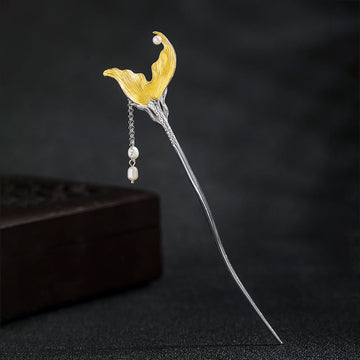 Classical 925 Sterling Silver Koi Fish Tail Tassel Pearl Hairpin