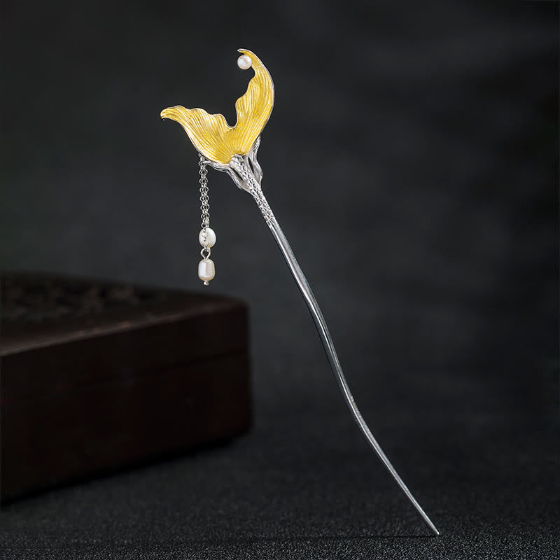 Classical 925 Sterling Silver Koi Fish Tail Tassel Pearl Hairpin