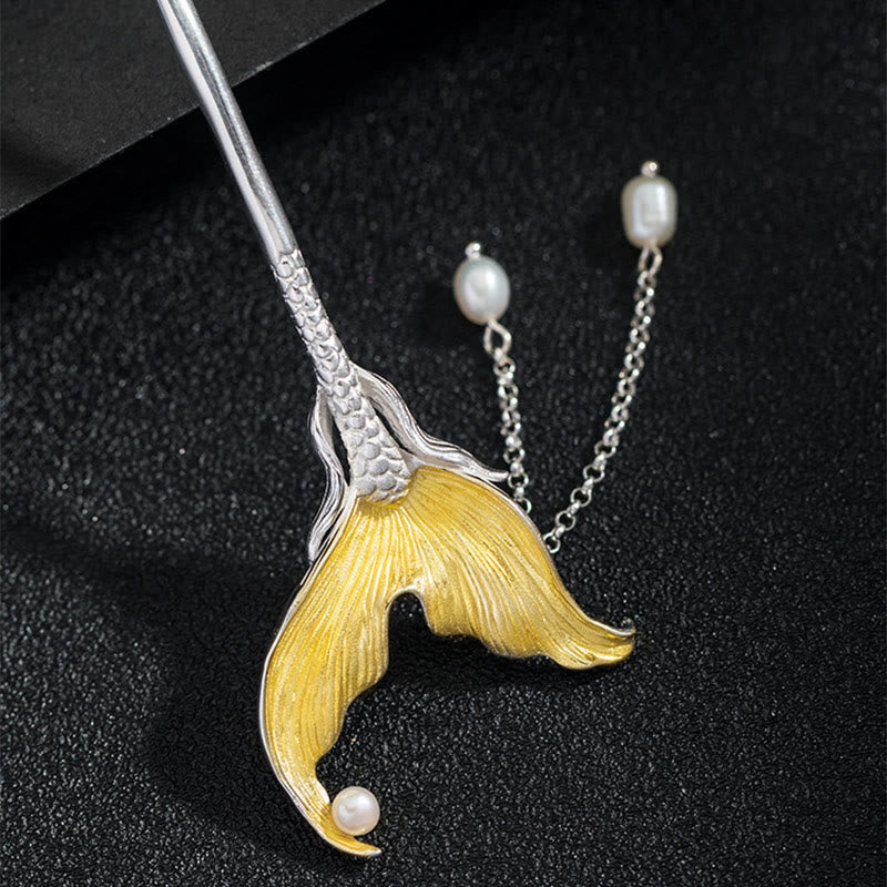 Classical 925 Sterling Silver Koi Fish Tail Tassel Pearl Hairpin