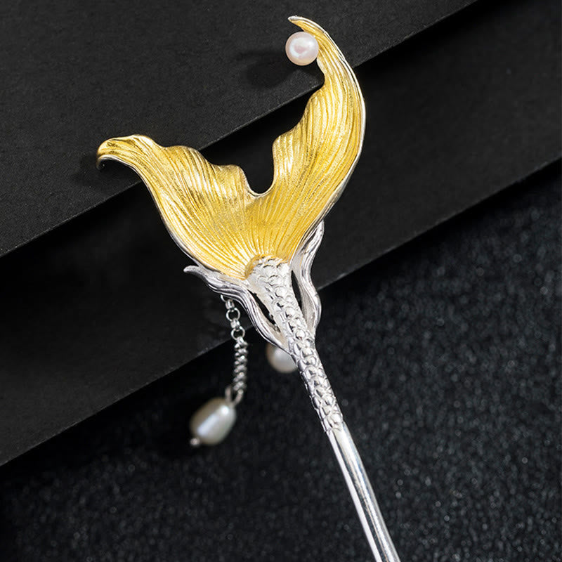 Classical 925 Sterling Silver Koi Fish Tail Tassel Pearl Hairpin